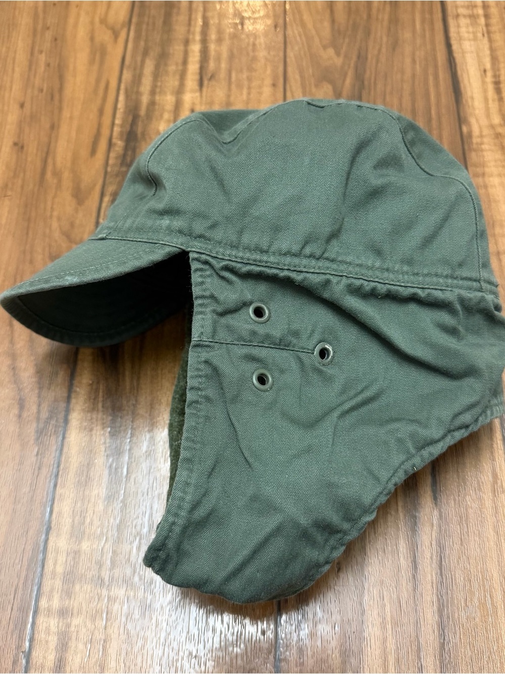 Vintage French Army Olive Green Winter Hat Khaki Trapper Ushanka Faux Fur Cap
